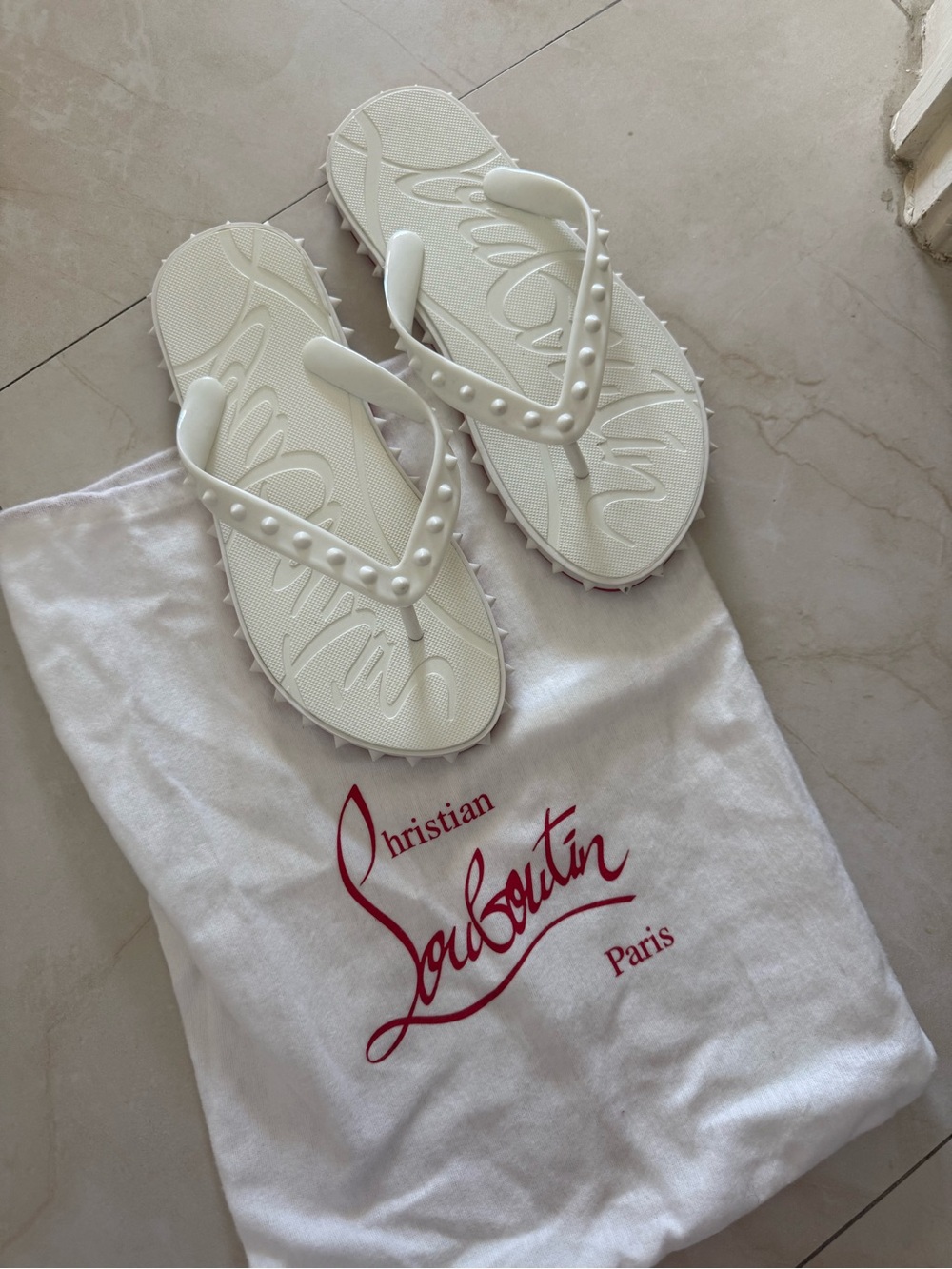 Christian Louboutin White Studded Flip Flops with Signature Logo
